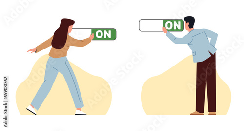 Turn switch on, start business, man and woman press on switch button. Launch startup company. Starting work. New beginning idea. Cartoon flat style illustration. Interface element. Vector concept © YummyBuum