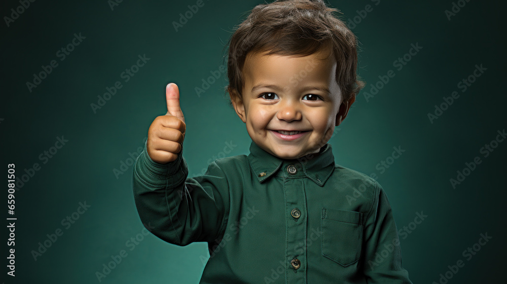 Tiny Optimist: Toddler's Thumbs Up on Lush Green. Generative AI Tiny Optimist: Toddler's Thumbs Up on Lush Green. Generative AI