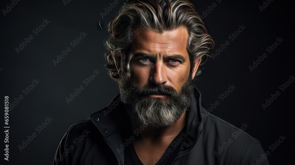 Suave and Stylish Mid-Aged Man with a Lush Beard and Hair.Showcase your mustache and hair products with this attractive model, exuding modern fashion and grooming Suave and Stylish Mid-Aged Man with a Lush Beard and Hair.Showcase your mustache and hair products with this attractive model, exuding modern fashion and grooming
