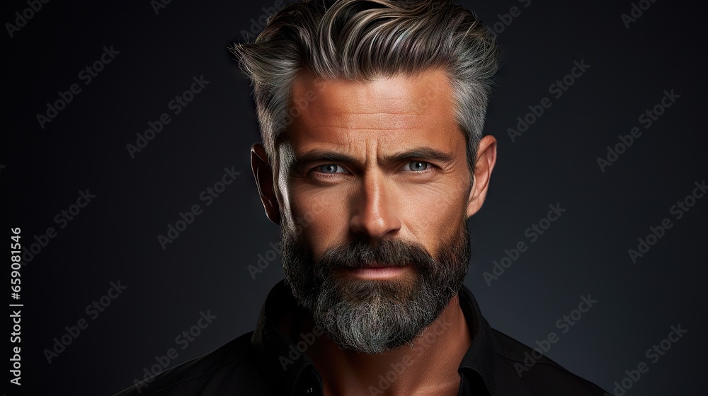 Obraz premium Suave and Stylish Mid-Aged Man with a Lush Beard and Hair.Showcase your mustache and hair products with this attractive model, exuding modern fashion and grooming