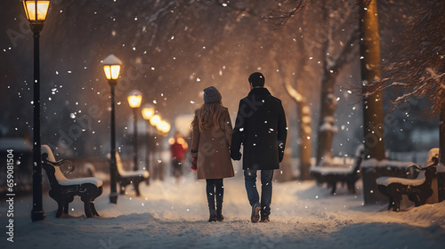 A couple walks through a snowy park at night holding hands