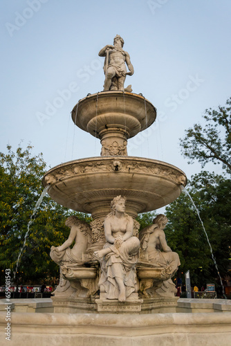 Fountain in the public park in Erzsébet square, Budapest, Hungary