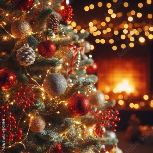 Christmas tree with lights and a garland with decoration balls, in the background a blurred bokeh background with a fireplace for the new year