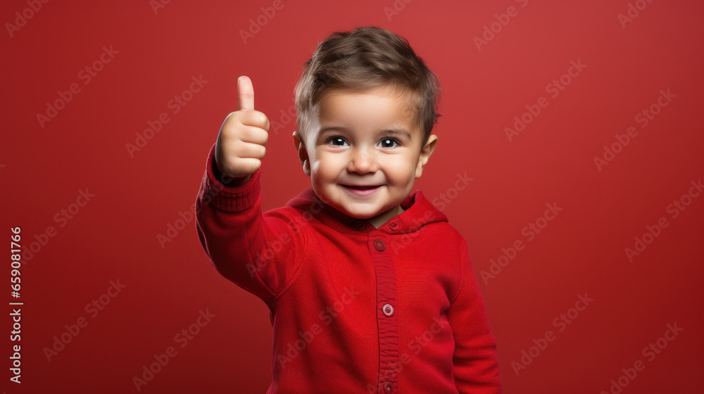 Tiny Optimist: Toddler's Thumbs Up on Fiery Red. Generative AI Tiny Optimist: Toddler's Thumbs Up on Fiery Red. Generative AI