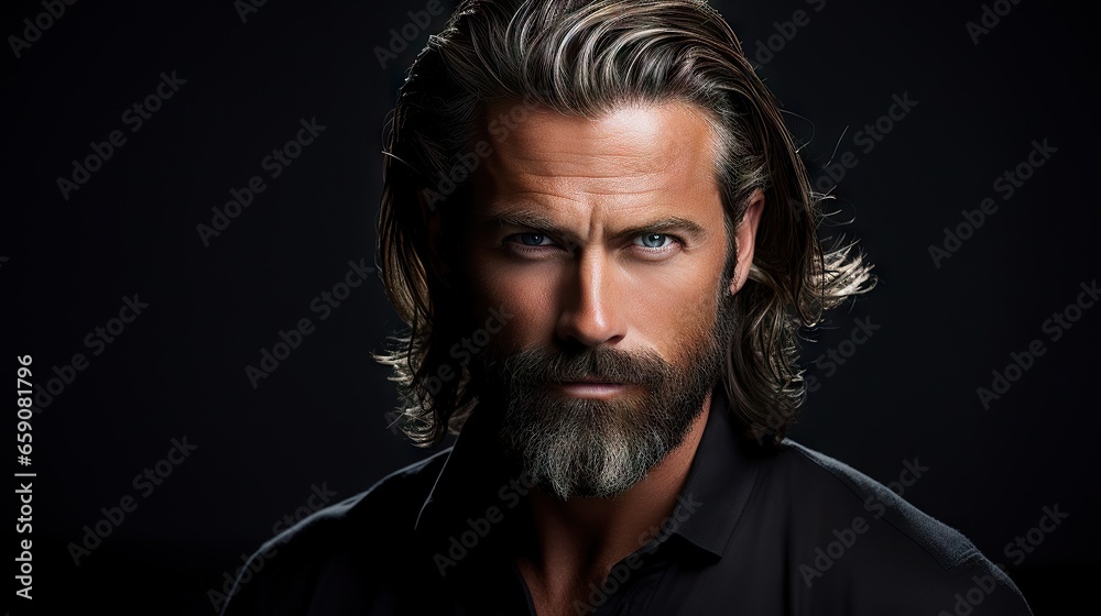 Suave and Stylish Mid-Aged Man with a Lush Beard and Hair.Showcase your mustache and hair products with this attractive model, exuding modern fashion and grooming Suave and Stylish Mid-Aged Man with a Lush Beard and Hair.Showcase your mustache and hair products with this attractive model, exuding modern fashion and grooming