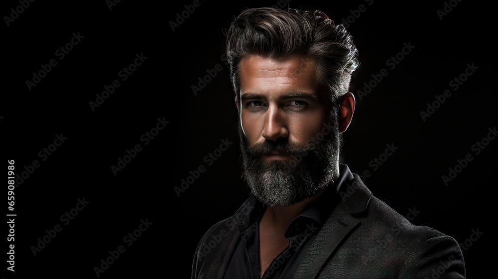 Fototapeta premium Suave and Stylish Masculine Model with Lush Beard and Hair.His confident and modern style makes him the ideal model for your hair and mustache product advertisement