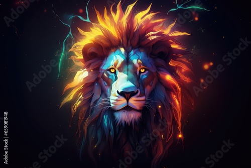 Lion head with colorful fire effect. Illustration for your graphic design.