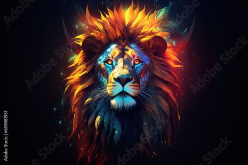 Lion head with colorful fire effect. Illustration for your graphic design.