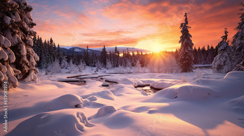 A romantic sunset over a snow covered forest © mialoves4season