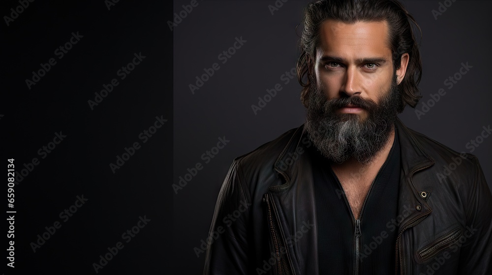 Suave and Stylish Masculine Model with Lush Beard and Hair.His confident and modern style makes him the ideal model for your hair and mustache product advertisement