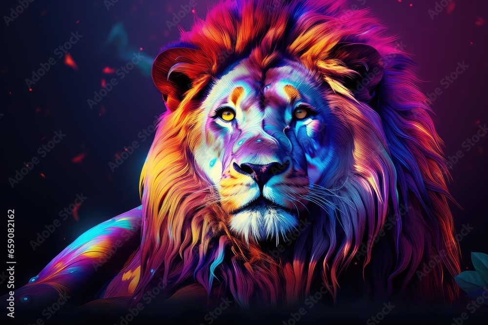 A lion with bright colors on a black background in the forest. Multicoloured majestic lion resting.