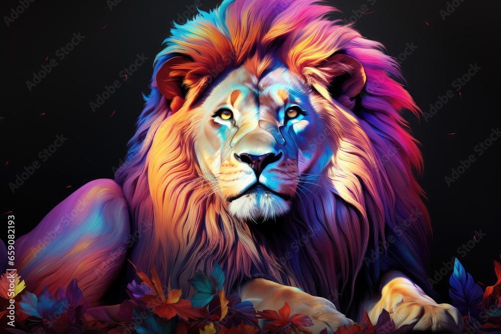 Fototapeta premium A lion with bright colors on a black background in the forest. Multicoloured majestic lion resting.