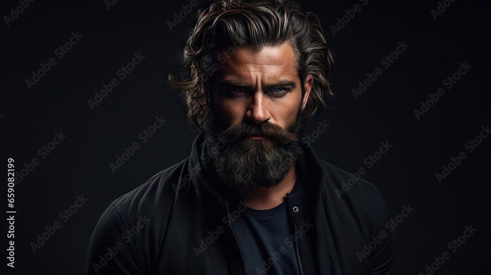 Suave and Stylish Masculine Model with Lush Beard and Hair.His confident and modern style makes him the ideal model for your hair and mustache product advertisement