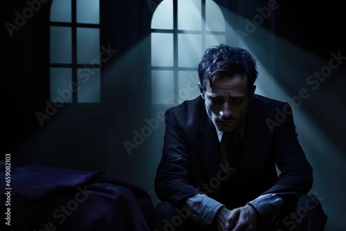 Depressed lonely man sitting in room desperately, banner for mental health day or blue monday