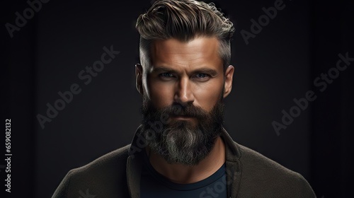 Suave and Stylish Masculine Model with Lush Beard and Hair.His confident and modern style makes him the ideal model for your hair and mustache product advertisement