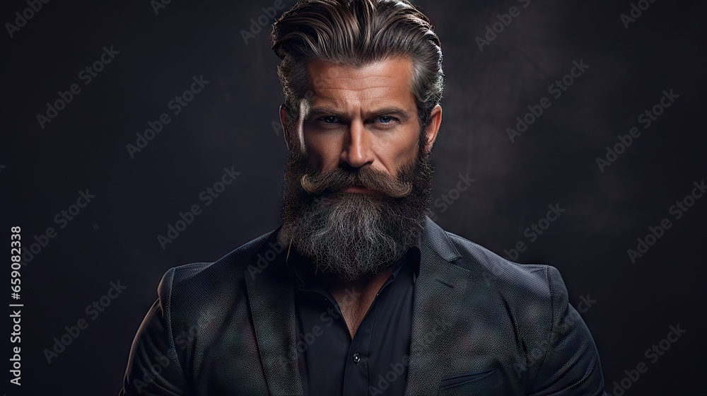 Suave and Stylish Masculine Model with Lush Beard and Hair.His confident and modern style makes him the ideal model for your hair and mustache product advertisement