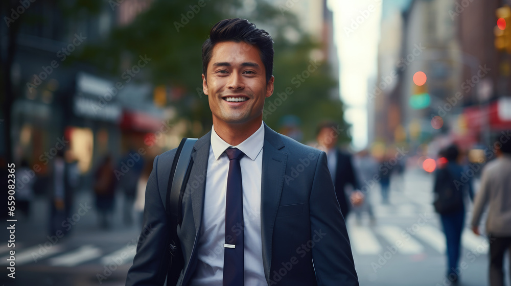 A smiling Asian Indian businessman in a sharp suit walks along a busy city street during his office commute, with the blurred, bustling street as the backdrop. A smiling Asian Indian businessman in a sharp suit walks along a busy city street during his office commute, with the blurred, bustling street as the backdrop.