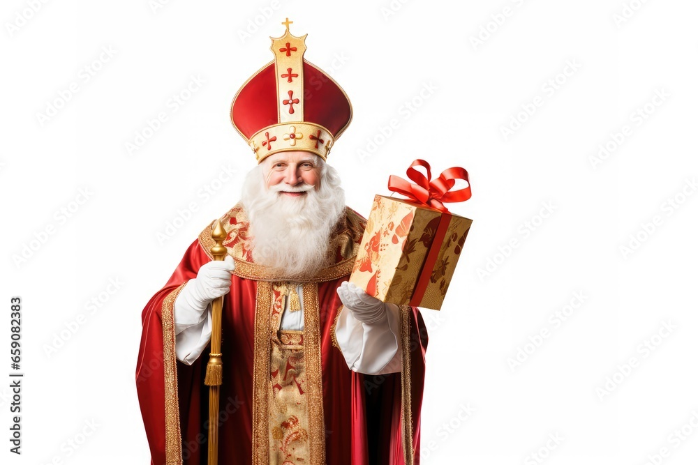 Sinterklaas or Saint Nicholas with a gift isolated on a white background with room for text