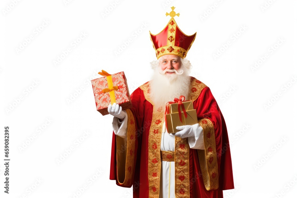 Sinterklaas or Saint Nicholas with a gift isolated on a white background with room for text