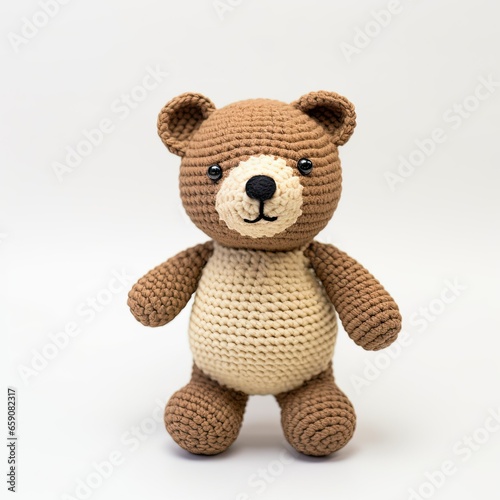 Cute knitted teddy bear. Vintage Toy animal made of large rough threads. Retro childish bear doll - Generative AI