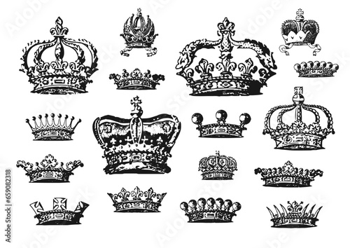 Set of Royal Crown Antique Etched Illustration Old Vintage Engravings