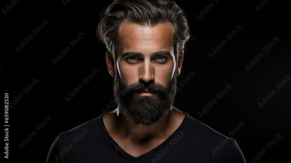 Suave and Stylish Masculine Model with Lush Beard and Hair.His confident and modern style makes him the ideal model for your hair and mustache product advertisement