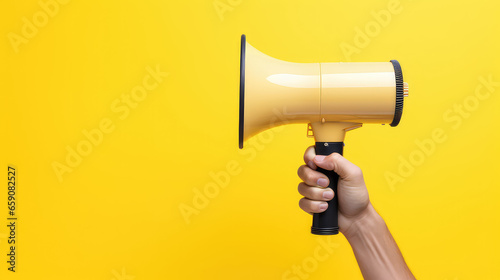 Hand holding megaphone, cropped image, loudspeaker isolated on flat yellow background with copy space.  photo