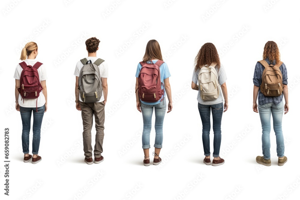 Obraz premium Set of people with a backpack, standing against a white background, embodying a healthy lifestyle.