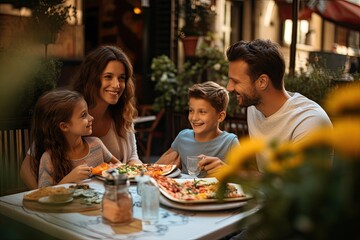 A cheerful family gathers at a restaurant, relishing a delightful meal, bonding with love and togetherness.
