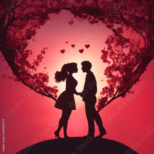 Romantic moment captured as couple silhouette share a kiss, surrounded by flowers arranged in the shape of a heart. Ideal for celebration of love in all forms