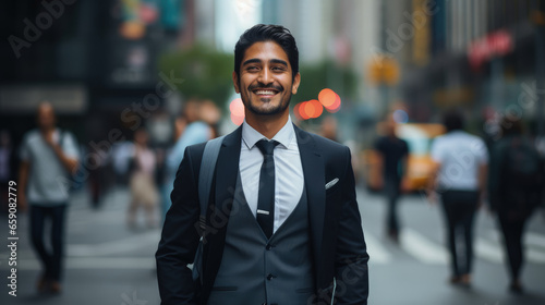 A smiling Asian Indian businessman in a sharp suit walks along a busy city street during his office commute, with the blurred, bustling street as the backdrop. © B & G Media
