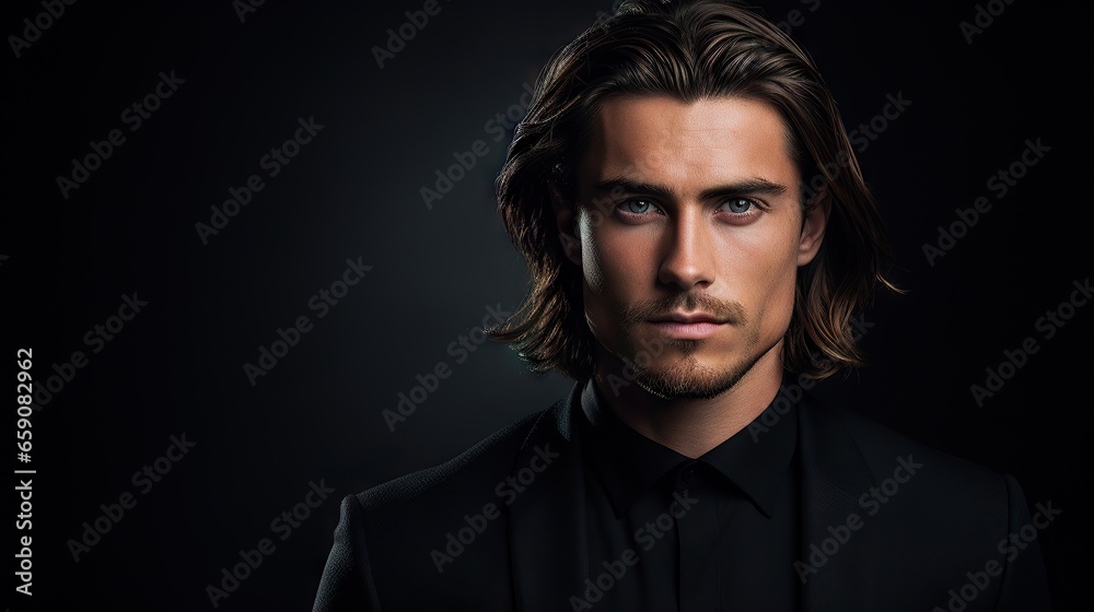 Masculine Hair Model with Luxurious Long Hair.masculine young man with lush, thick, and long hair, showcasing the allure of a hair product Masculine Hair Model with Luxurious Long Hair.masculine young man with lush, thick, and long hair, showcasing the allure of a hair product