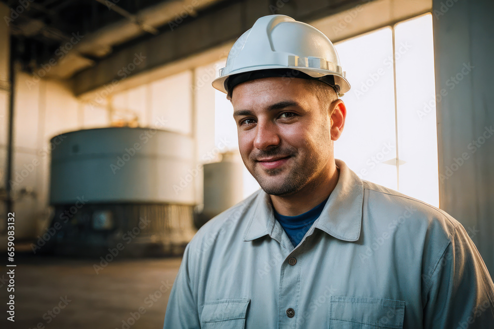 Portrait of the senior successful confident senior male factory worker standing in Nuclear power plant. Green energy concept Portrait of the senior successful confident senior male factory worker standing in Nuclear power plant. Green energy concept