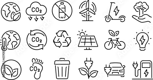 Pixel perfect icon set carbon footprint, CO2 neutral sustainable development renewable energy electric vehicle recycling. Thin line icons, flat vector illustrations, isolated on transparent background
