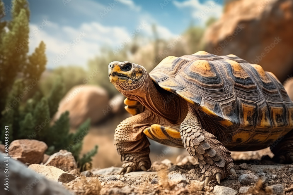 Obraz premium Exotic turtle exploring diverse terrains background with empty space for text