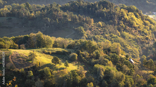 Beautiful view of the mountains on a sunny autumn morning in the Ariège Pyrenees in south-west France