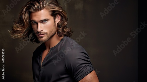 Masculine Hair Model with Luxurious Long Hair.masculine young man with lush, thick, and long hair, showcasing the allure of a hair product