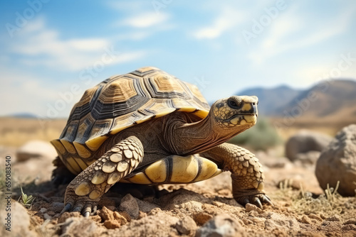 Exotic turtle exploring diverse terrains background with empty space for text 