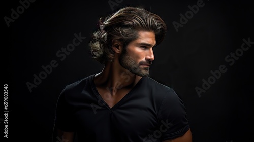 Masculine Hair Model with Luxurious Long Hair.masculine young man with lush, thick, and long hair, showcasing the allure of a hair product