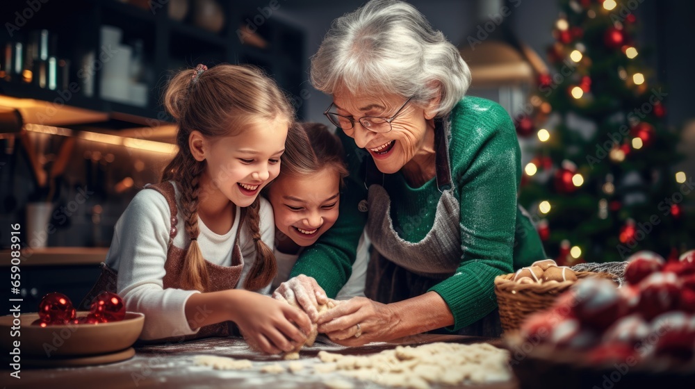 Fototapeta premium Cute little girls and her grandmother are cooking together in the kitchen.