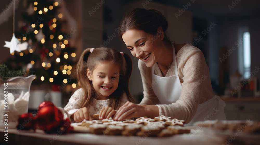 Cute little girl and her mom are baking Christmas cookies in the kitchen.