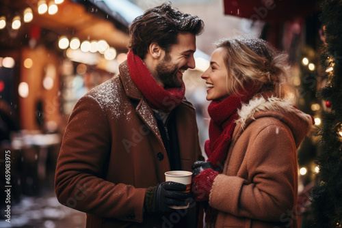 A cheerful couple, warmly dressed, enjoys hot drinks and laughter at a Christmas market, surrounded by falling snowflakes.