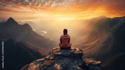 A woman sitting on the top of a mountain and looking at the sunset