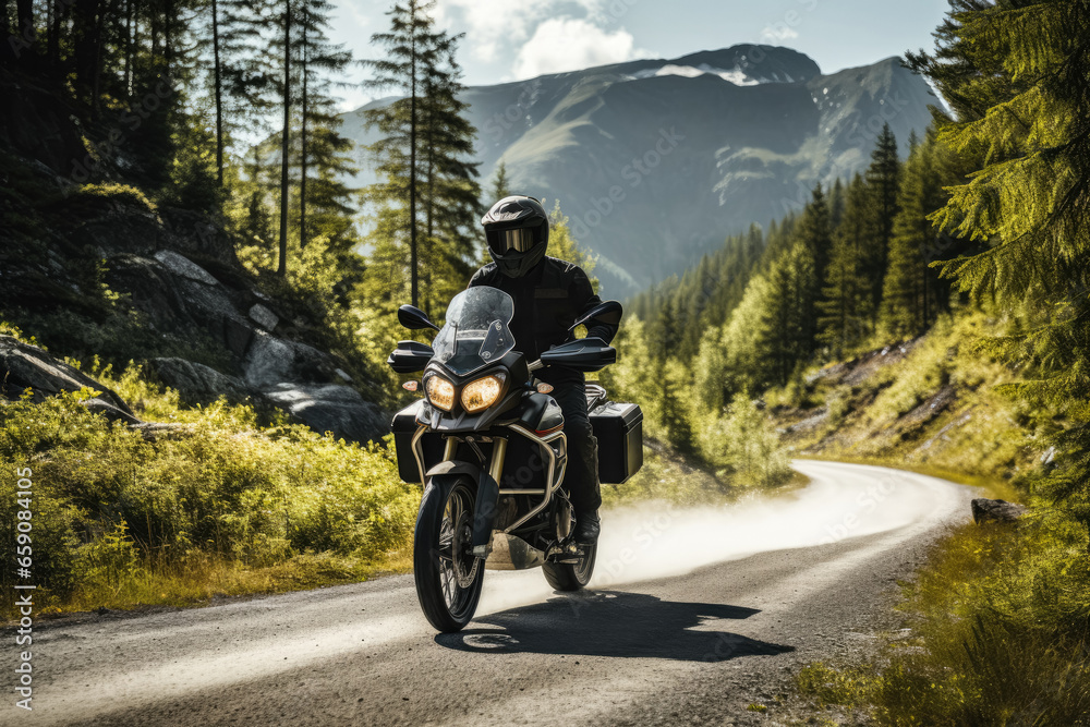 Motorcyclist navigates winding mountain roads soaking in the scenic beauty 