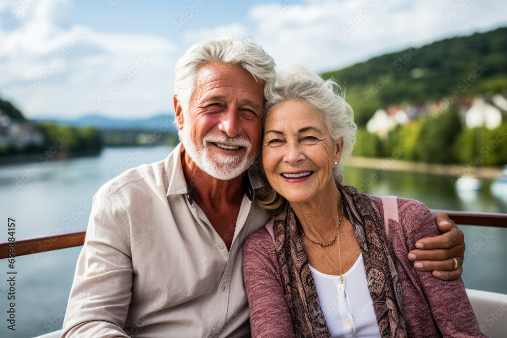 Senior couple relaxes embracing scenic river views from a cruise deck 
