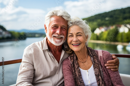 Senior couple relaxes embracing scenic river views from a cruise deck 