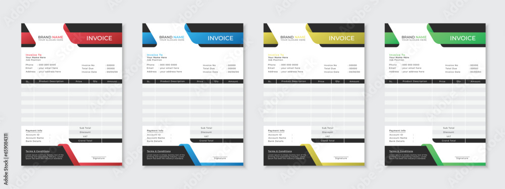 Modern professional creative invoice design template, minimal corporate business bill form, price list, cash memo, payment receipt vector set bundle, editable stationery one page agreement design