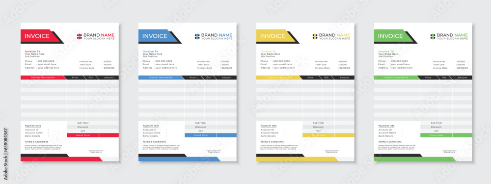 Minimalist professional invoice template design for business, clean and modern vector bill form, cash memo, receipt one page layout, corporate style four color variations for your company growth