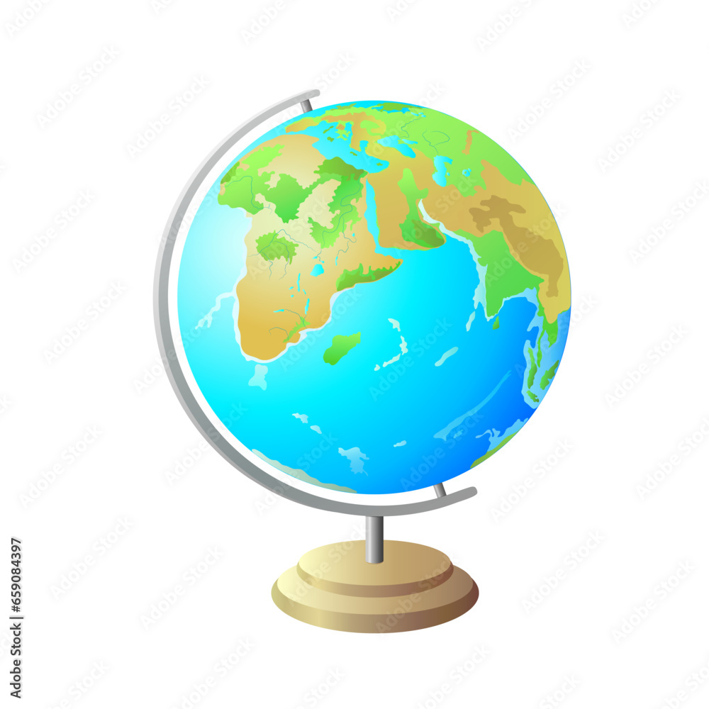 A globe with Africa, Europe and oceans on a wooden stand or a light brown stand on a square white isolated background. A globe with the planet EARTH. School supplies. Vector illustration. A globe with Africa, Europe and oceans on a wooden stand or a light brown stand on a square white isolated background. A globe with the planet EARTH. School supplies. Vector illustration.
