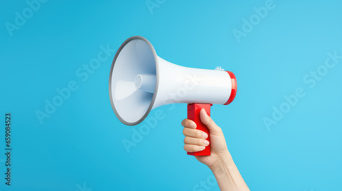 Hand holding megaphone, cropped image, loudspeaker isolated on flat blue background with copy space. 
